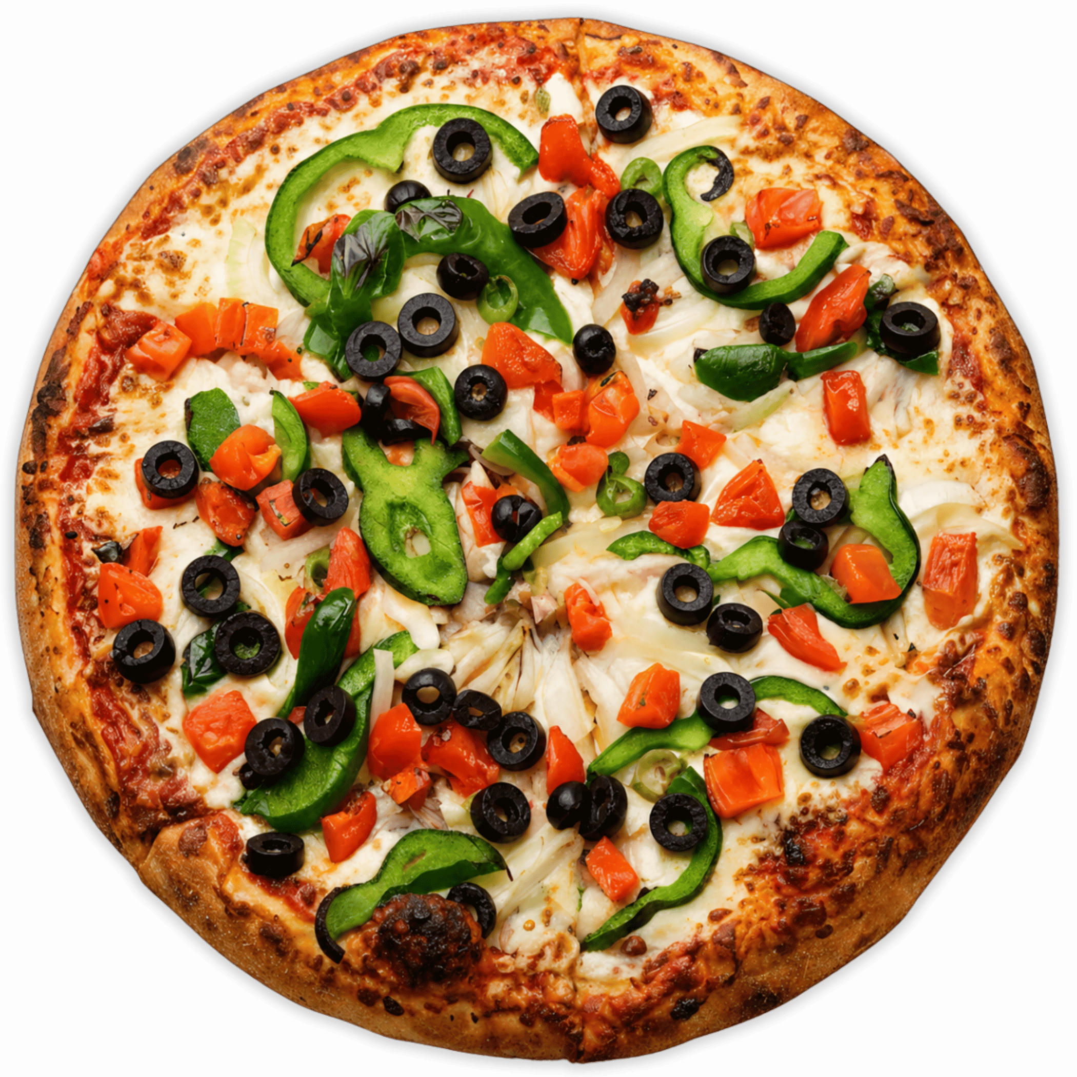 Vegetarian pizza with tomato, green bell peppers, sliced olives, red onion, and cheese on a golden crust.