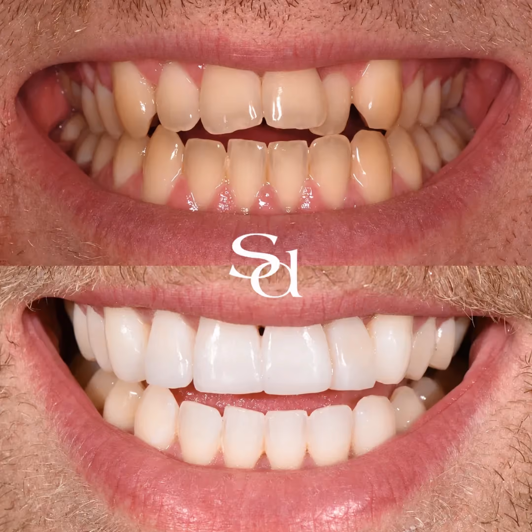 Invisalign, composite bonding and whitening before and after at Sale Dental Spa: straightened, reshaped and whitened smile, by Dr Aisha Ahmed. Un-retouched.