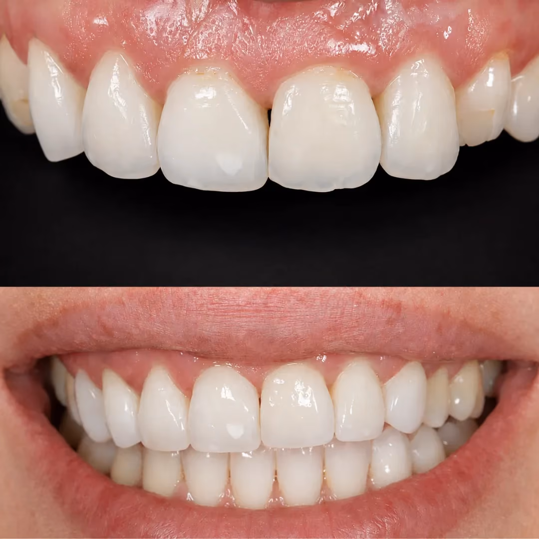 Invisalign and composite bonding before and after at Sale Dental Spa: front teeth aligned and rebuilt with Invisalign and bonding, by Dr Aisha Ahmed. Un-retouched.