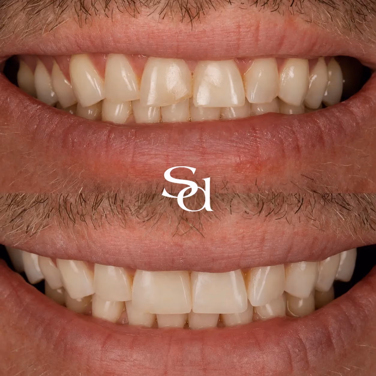 Smile makeover before and after at Sale Dental Spa: worn, uneven teeth rebuilt in a smile makeover. Un-retouched.