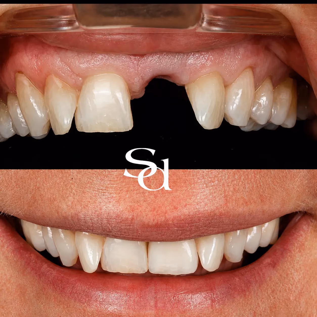 Smile makeover before and after at Sale Dental Spa: missing and worn front teeth restored in a full smile makeover. Un-retouched.