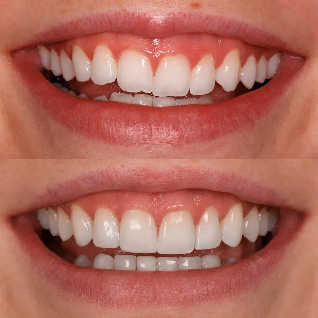 Invisalign and composite bonding before and after at Sale Dental Spa: aligned and reshaped smile using Invisalign and composite bonding, by Dr Aisha Ahmed. Un-retouched.
