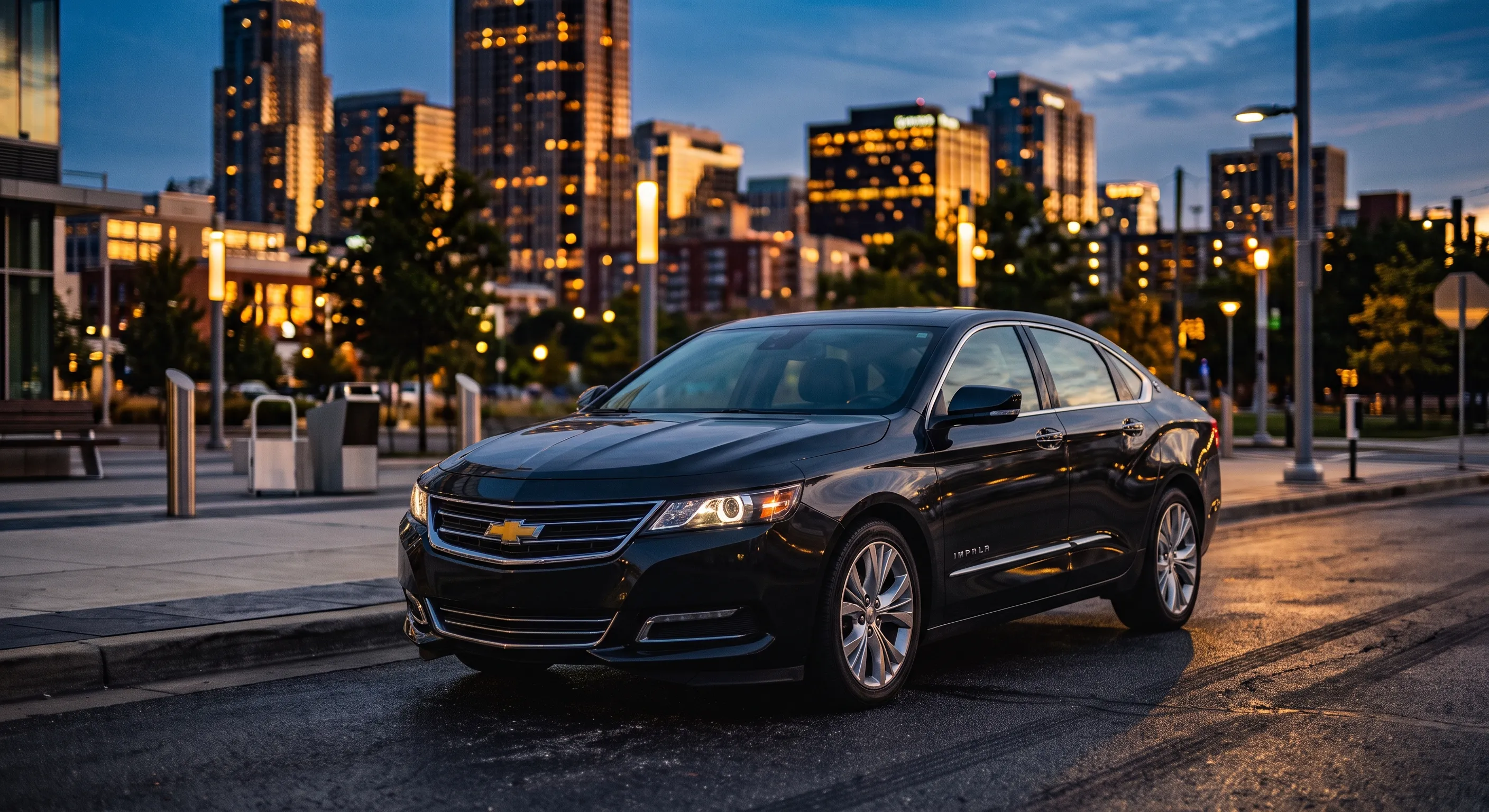 AI-generated illustrative photo of a black Chevrolet Impala sedan, not an actual Rideshare Car Rentals vehicle