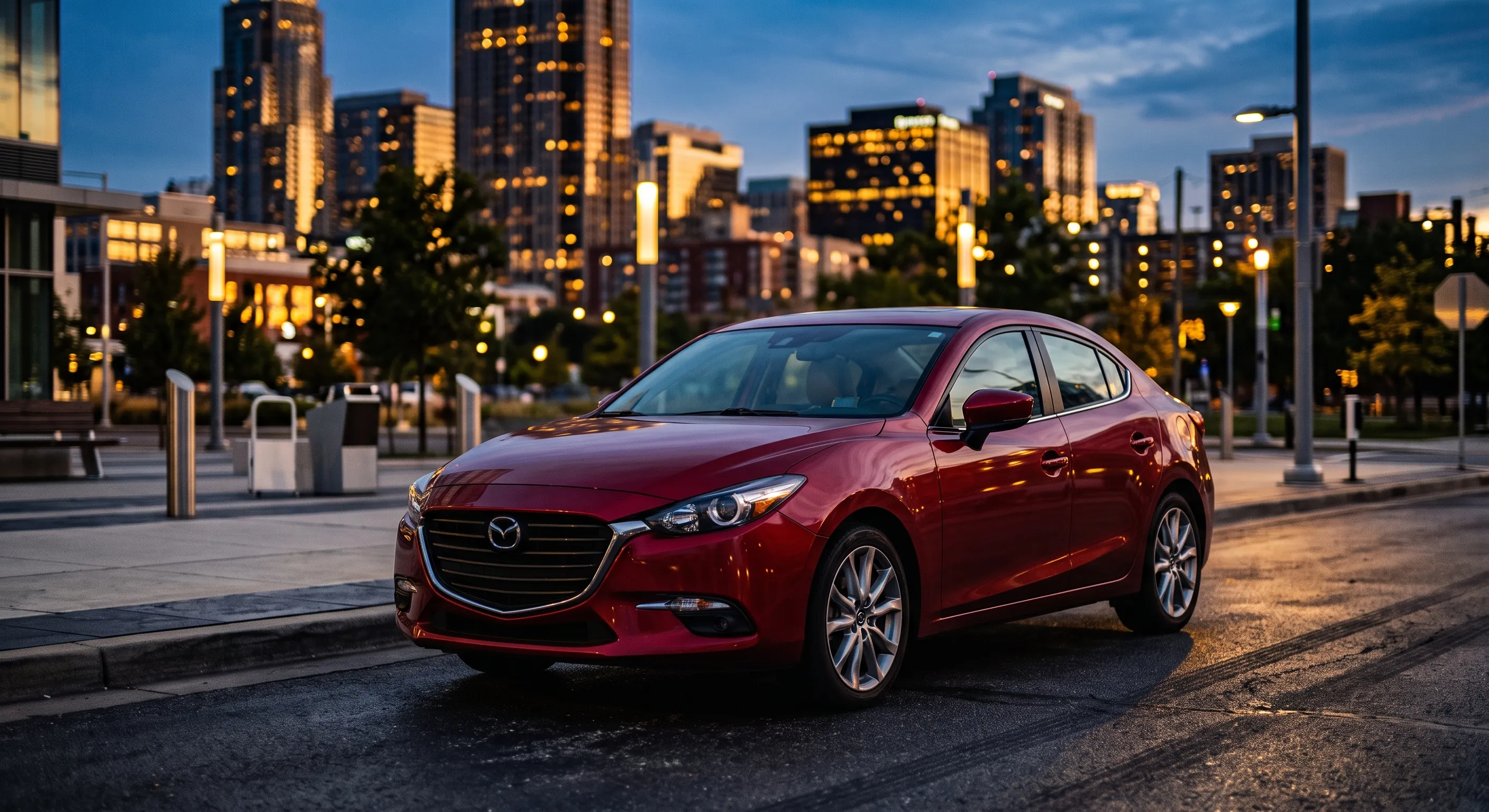 AI-generated illustrative photo of a red Mazda3 sedan, not an actual Rideshare Car Rentals vehicle