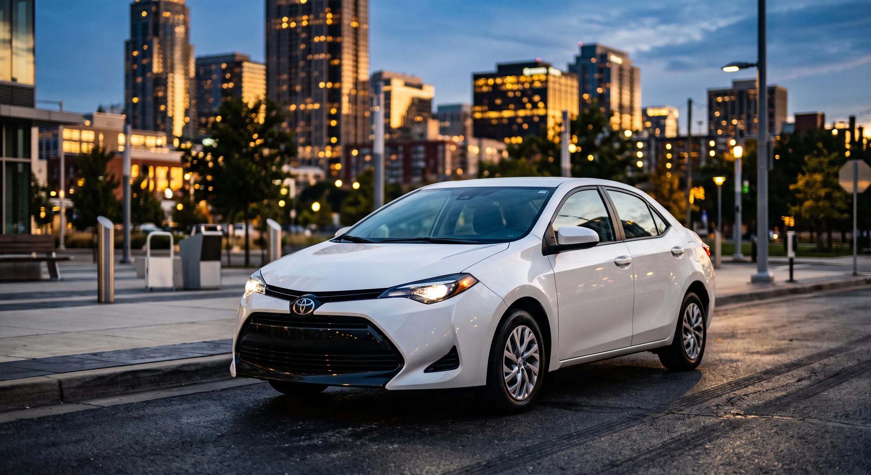 AI-generated illustrative photo of a white Toyota Corolla sedan, not an actual Rideshare Car Rentals vehicle
