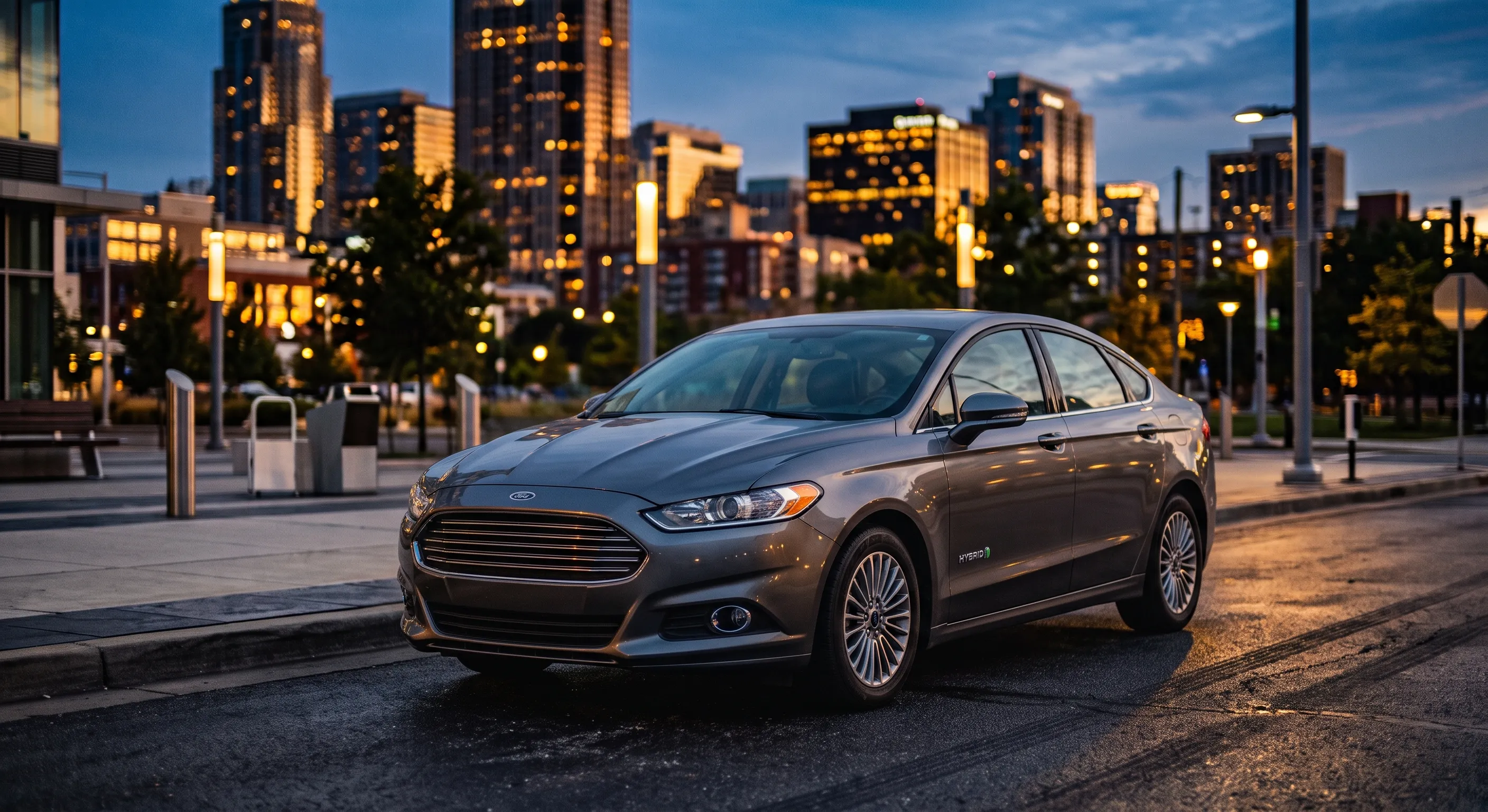 AI-generated illustrative photo of a grey Ford Fusion Hybrid sedan, not an actual Rideshare Car Rentals vehicle