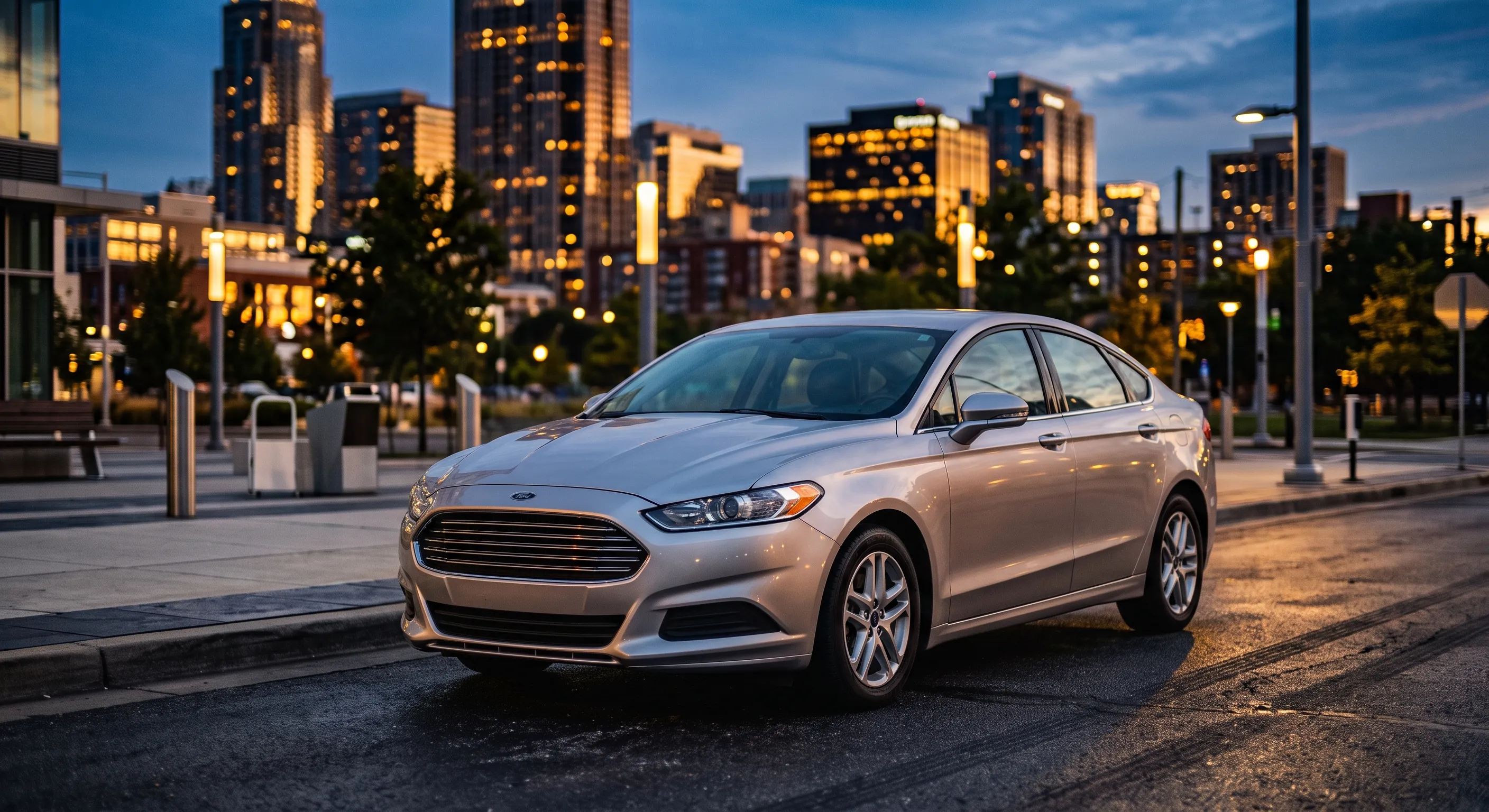 AI-generated illustrative photo of a silver Ford Fusion sedan, not an actual Rideshare Car Rentals vehicle