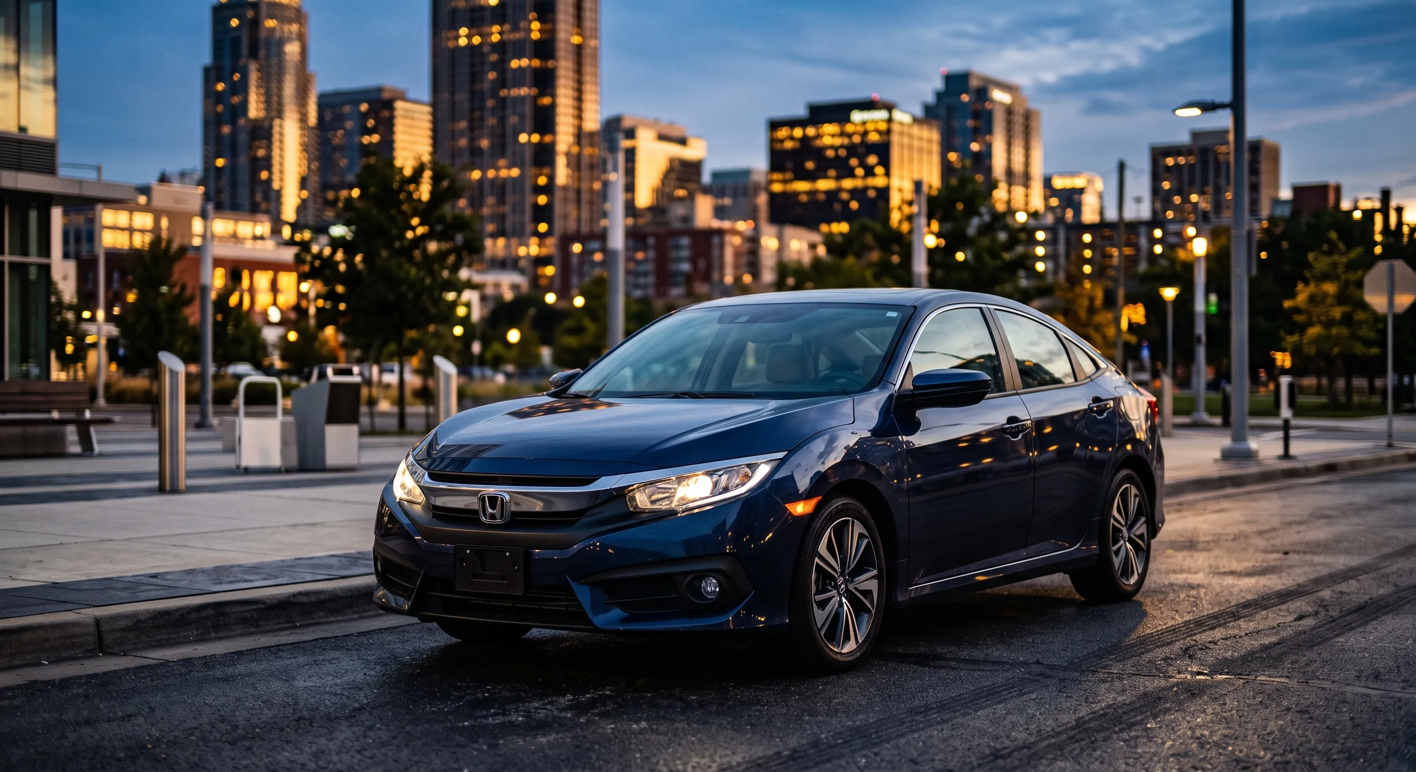 AI-generated illustrative photo of a navy blue Honda Civic sedan, not an actual Rideshare Car Rentals vehicle