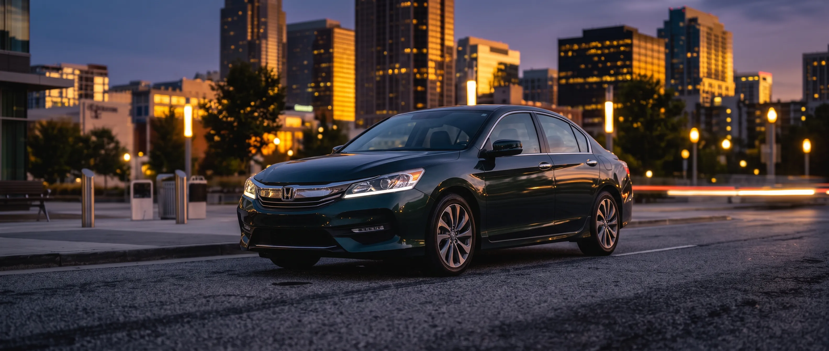 AI-generated illustrative photo of a dark green Honda Accord sedan, not an actual Rideshare Car Rentals vehicle
