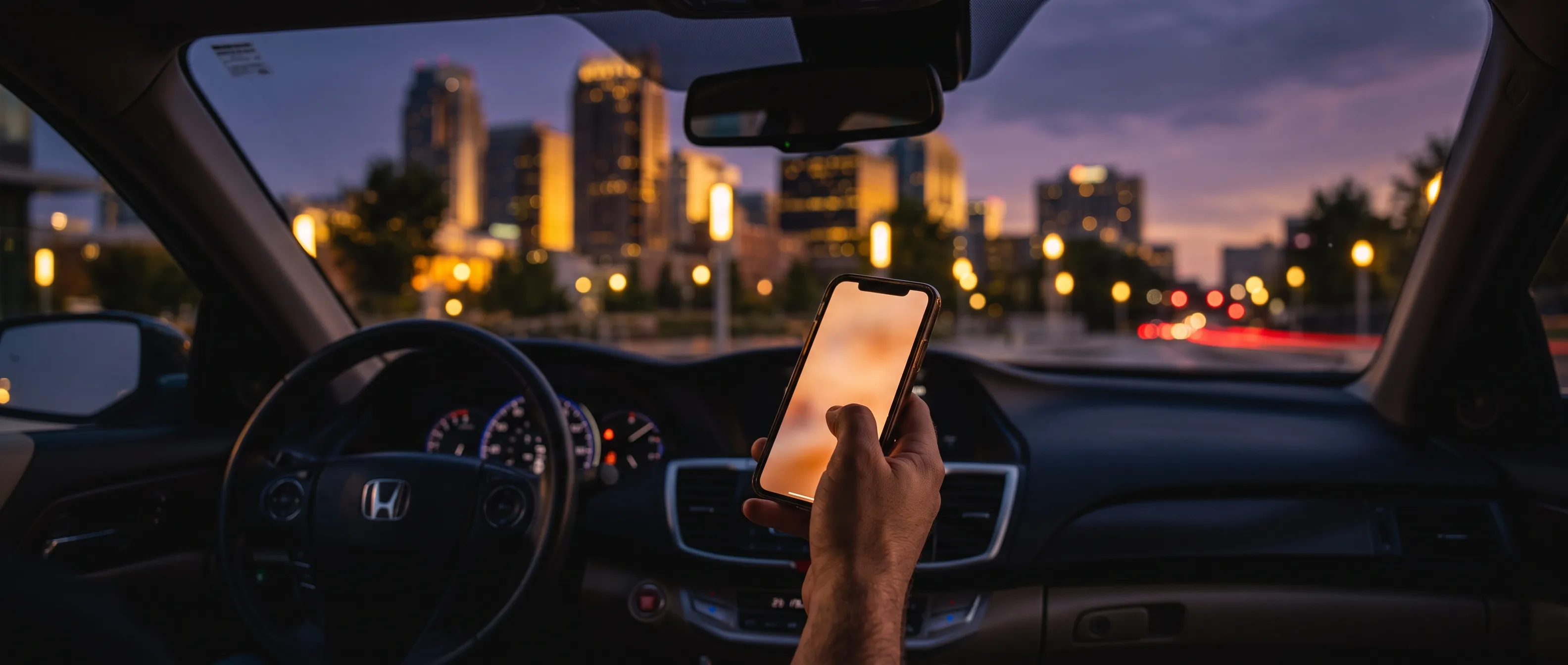 AI-generated illustrative photo of a driver checking their gig-platform profile on a phone inside a car at dusk