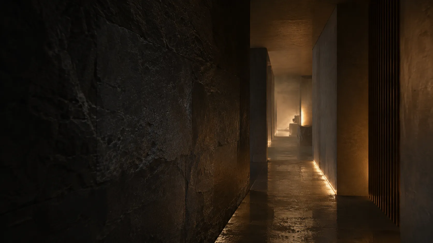 Misty stone corridor at Varen glowing with warm light, leading toward the bathing rooms