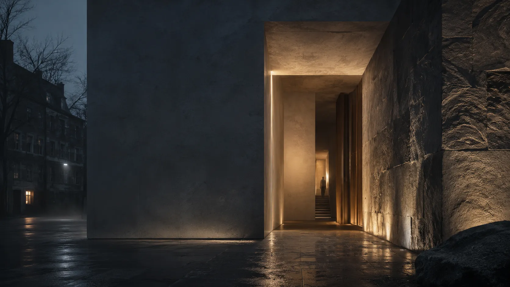 Dim concrete entrance corridor with a staircase descending toward Varen's thermal house, lit by a single warm light