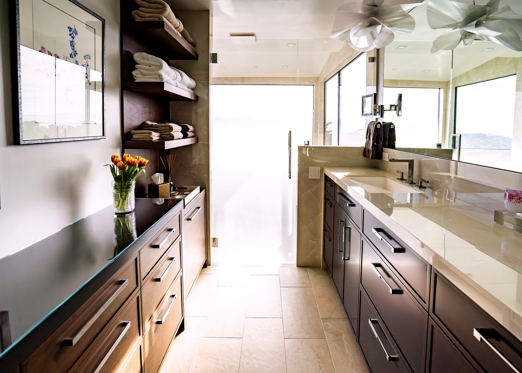 Custom vanity, storage, and mirror wall in a Tiburon primary bathroom remodel