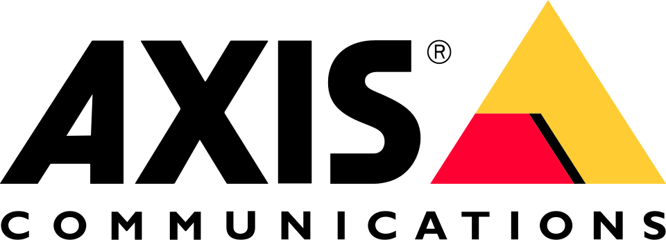 Axis Communications logo with a stylized yellow and red triangular shape and black text.