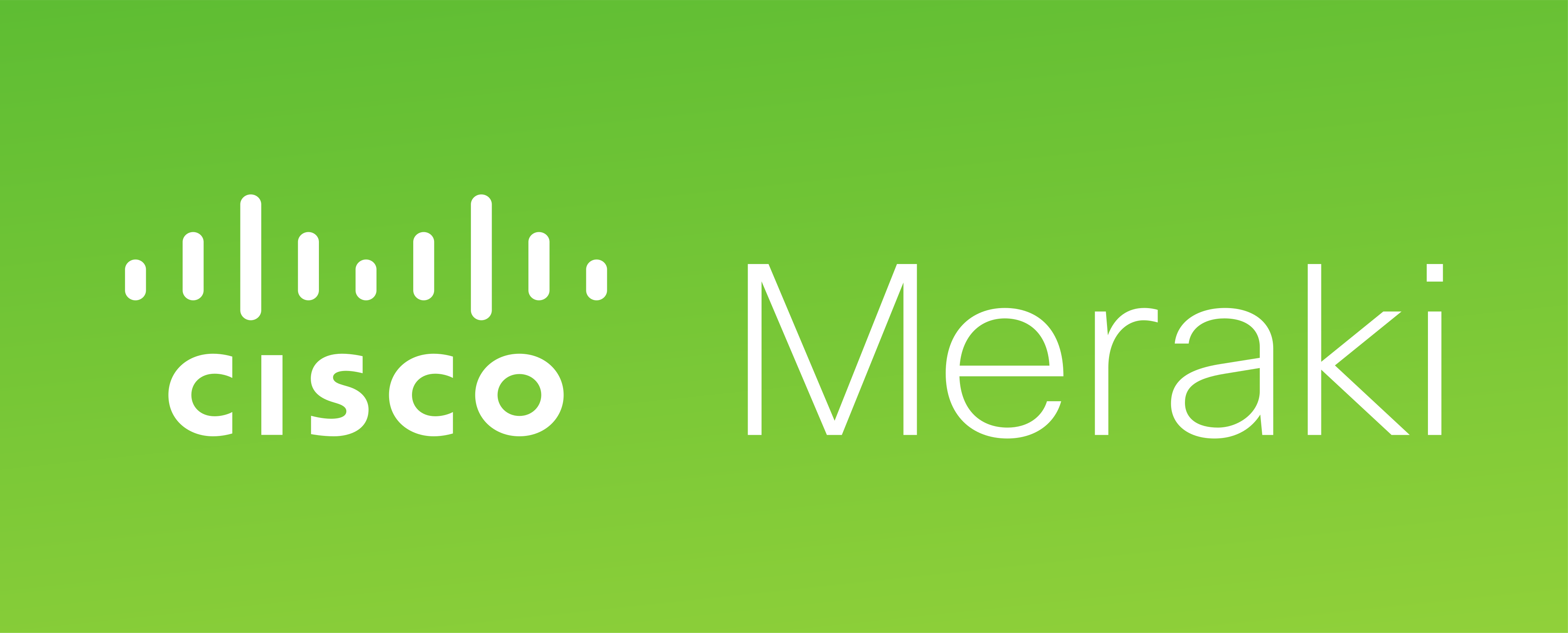 Cisco Meraki logo with white text and symbol on a green gradient background.
