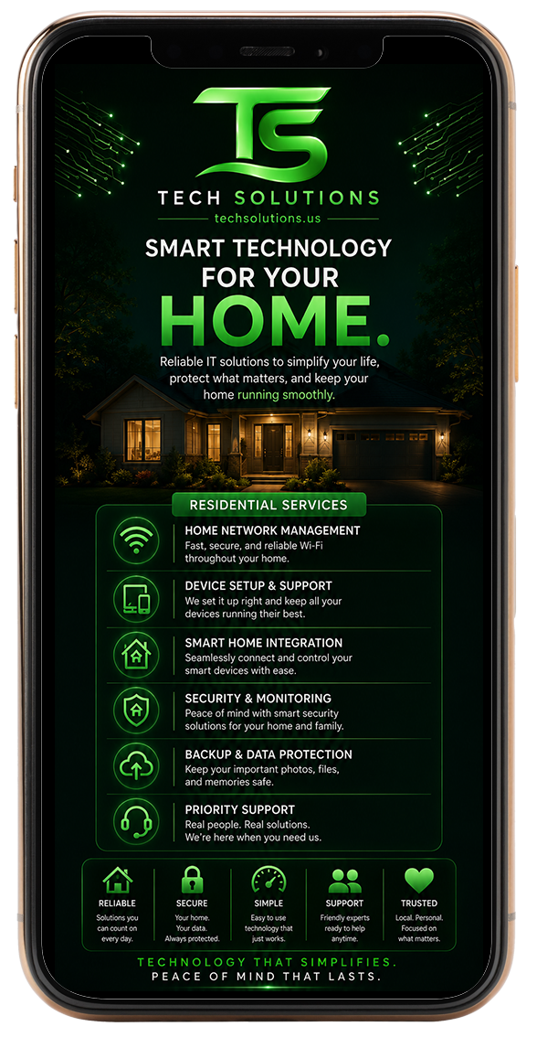 Tech Solutions app screen detailing smart home IT services like network, security, support, and data protection.