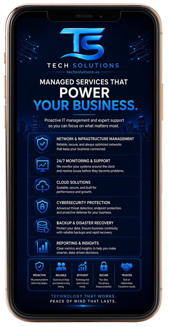 Tech Solutions ad on phone screen highlighting managed IT services powering businesses with expert support.