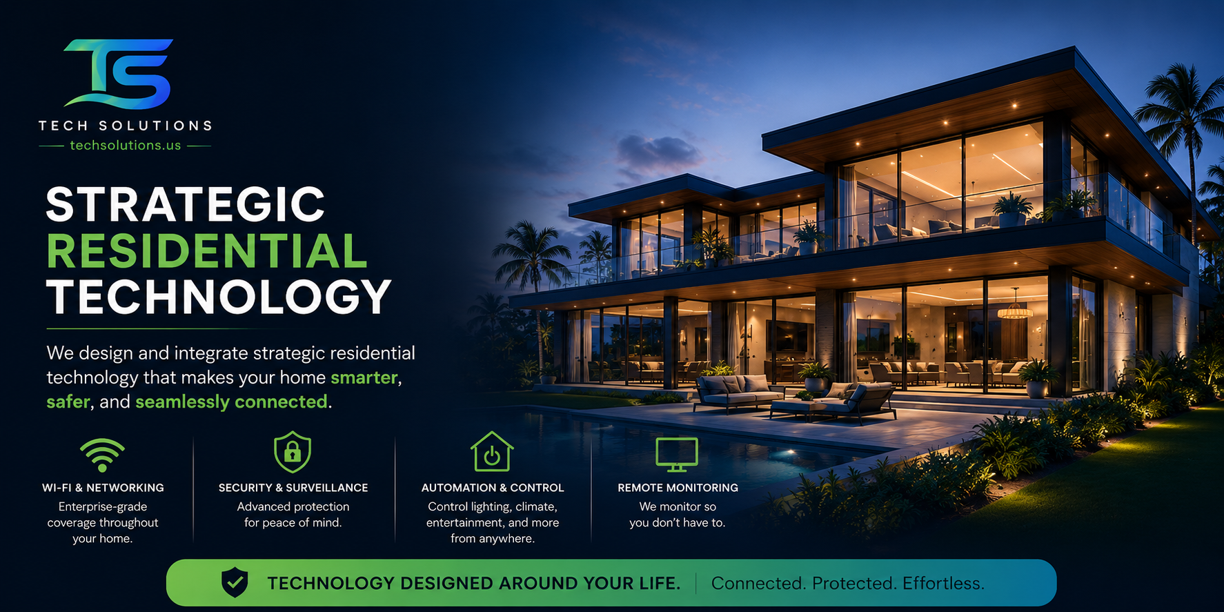 Modern illuminated luxury home at dusk showcasing strategic residential technology solutions.