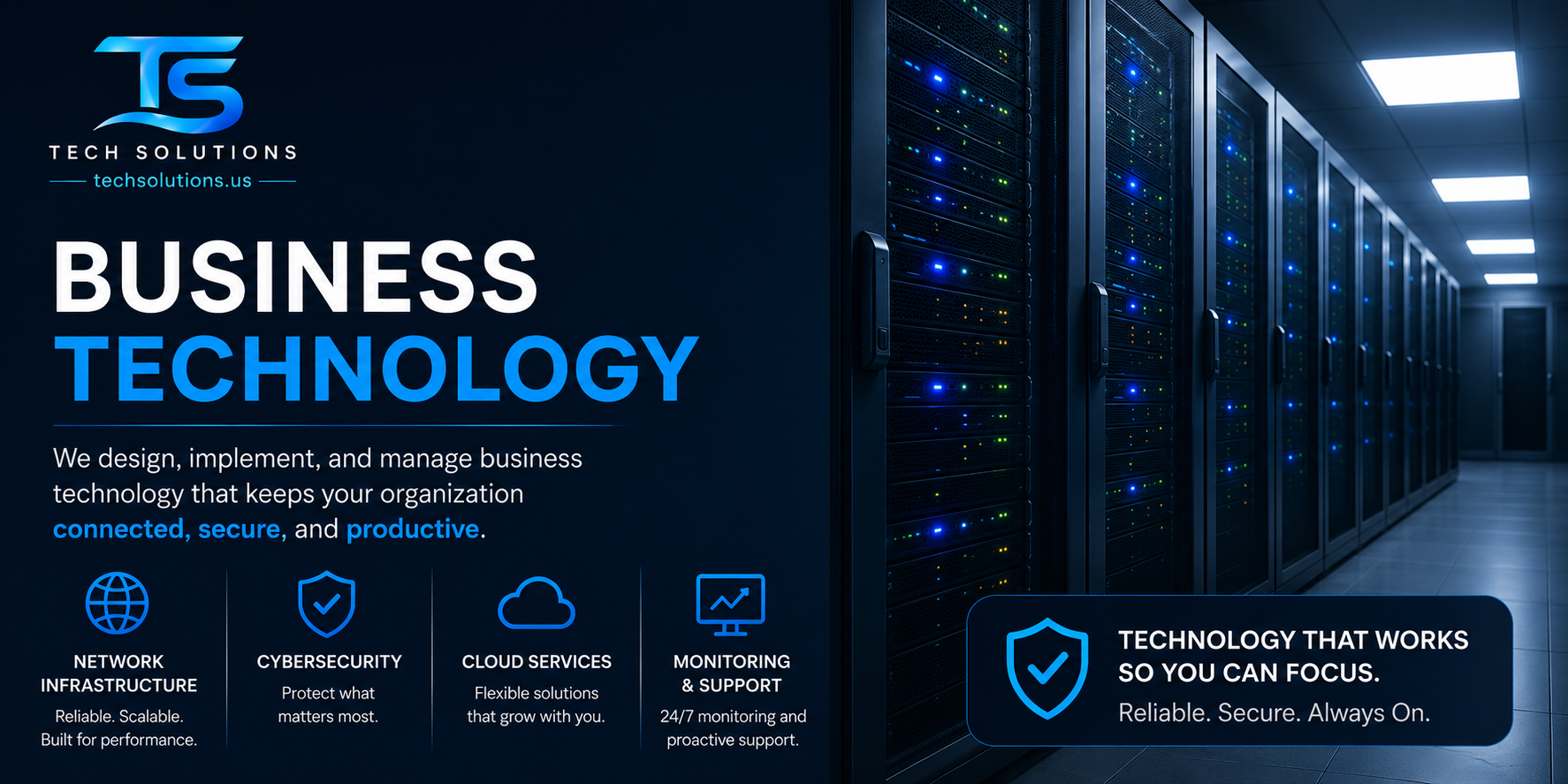 Tech Solutions ad with server racks and business technology services: network, cybersecurity, cloud, monitoring.