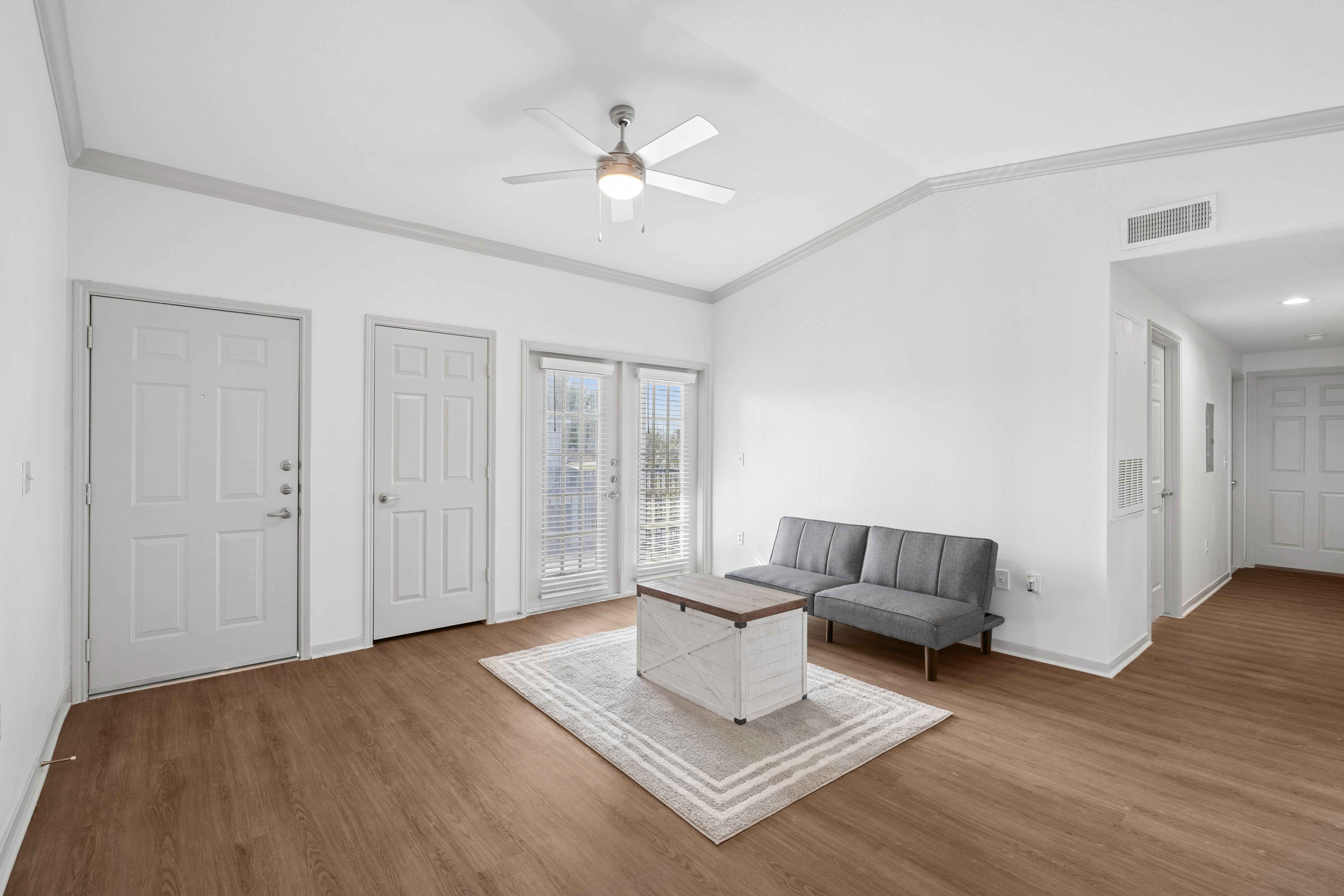 Open living room, dining room and kitchen area