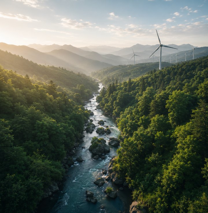 A wooded river valley with turbines standing on the far ridge
