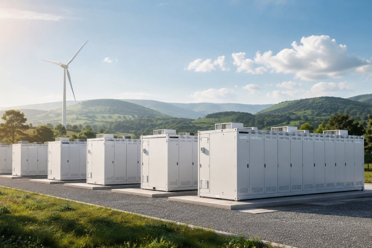 Grid-scale battery containers arranged in a field below a turbine