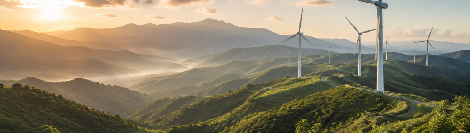 Wind turbines standing on layered green ridges in morning mist