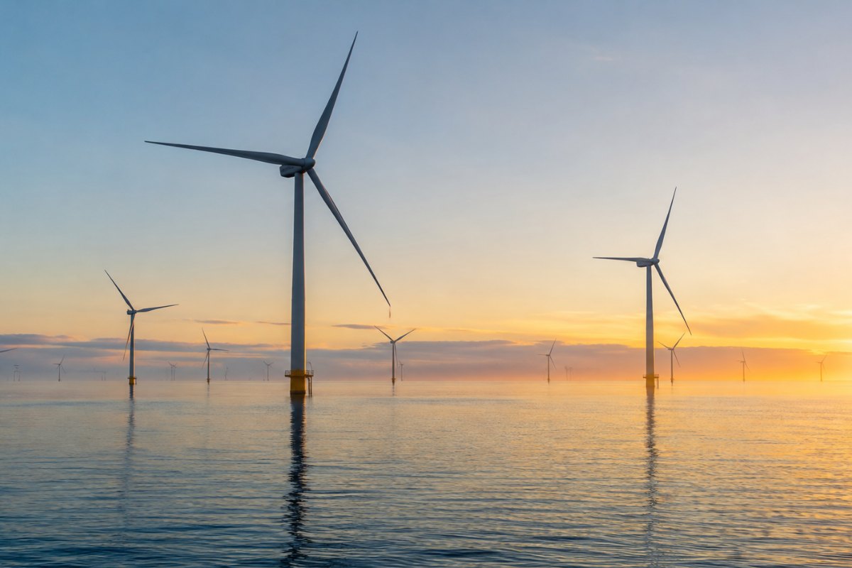 Offshore turbines standing in calm water at dawn