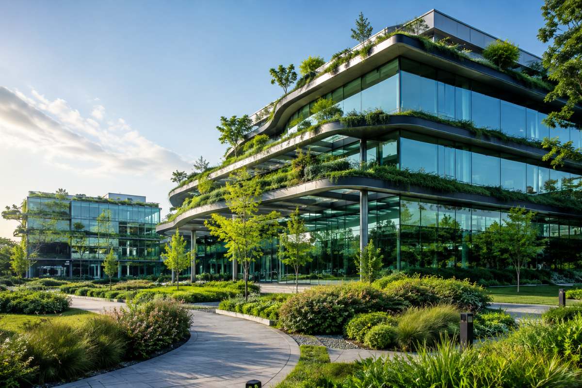 A low-energy campus building set into planted grounds