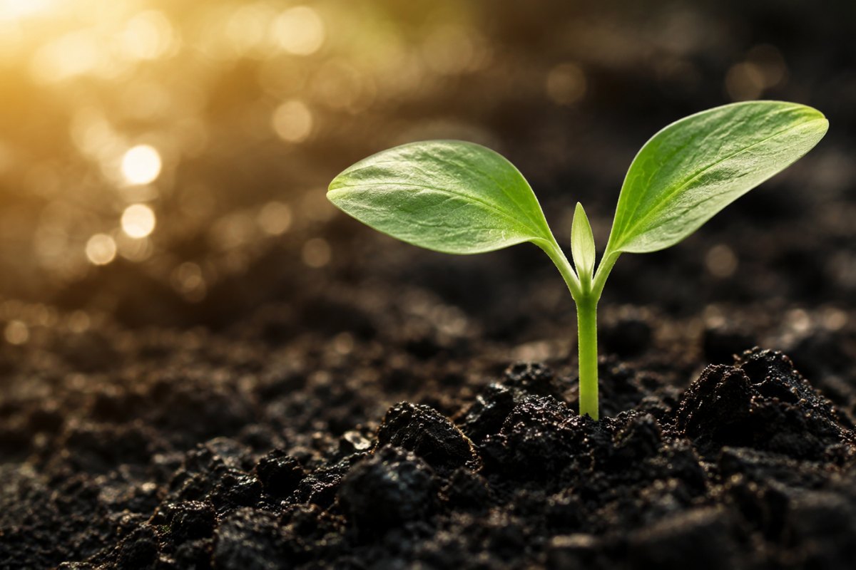 A seedling breaking ground in dark soil