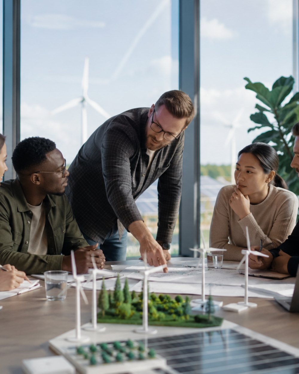 A project team working through a site model around a table