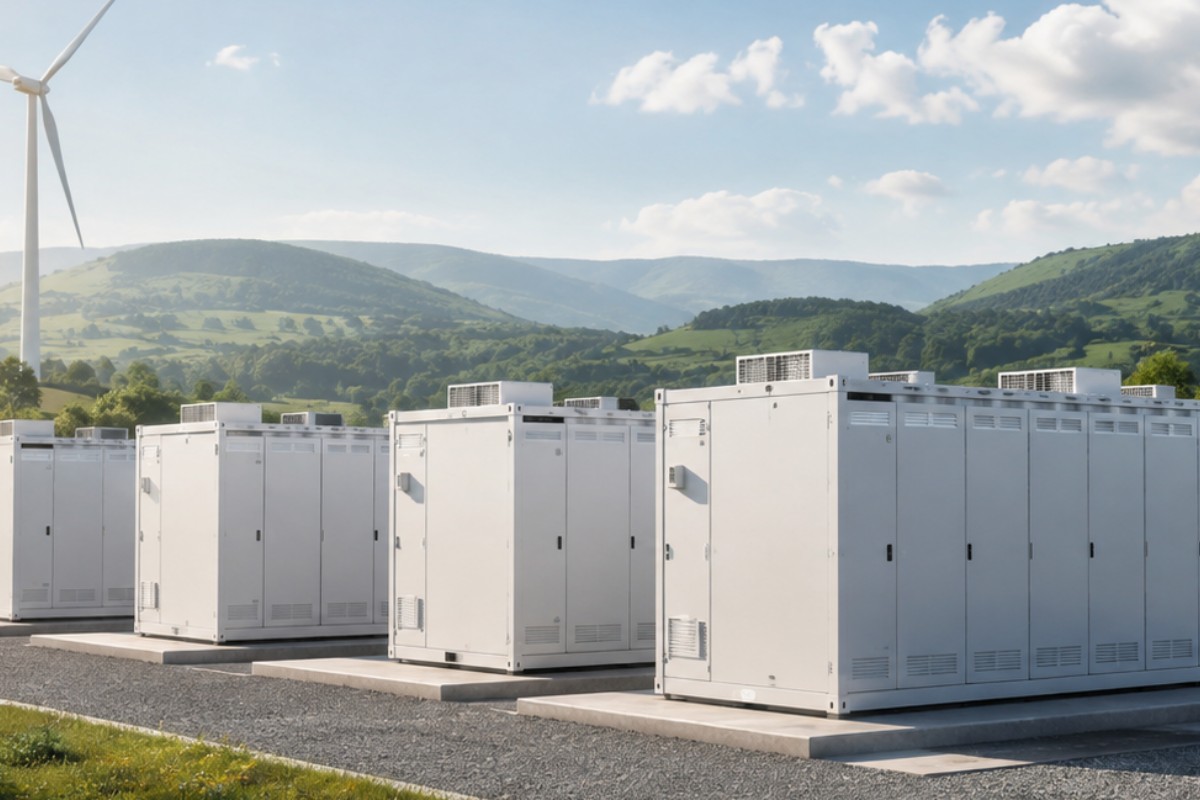 Battery storage containers in rows across a gravel yard beside a substation