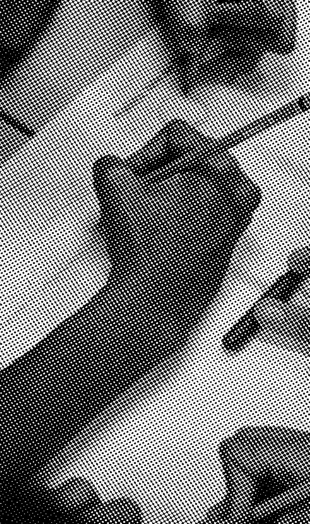 Composición abstracta de objetos sobre una superficie, en blanco y negro con textura granulada de semitono.