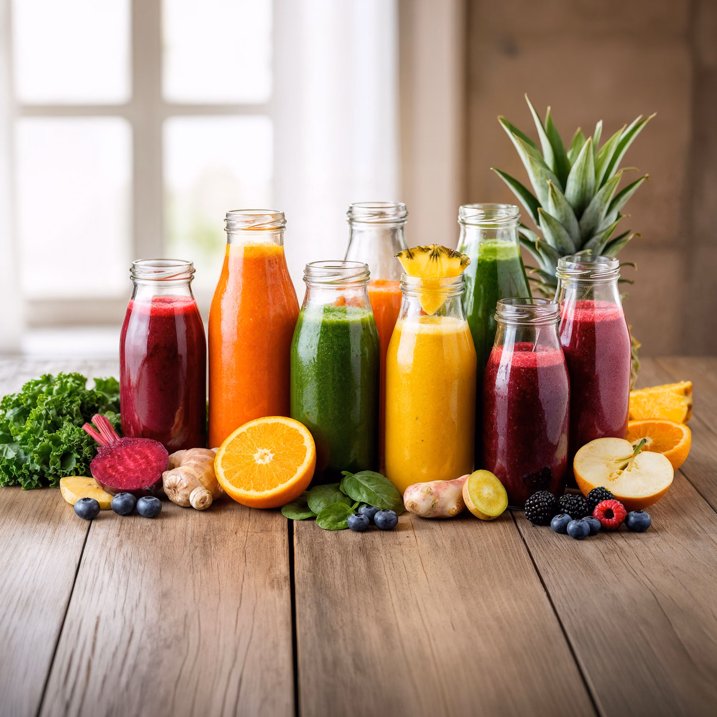Bottles of colorful fresh fruit and vegetable juices on a wooden table with fruits and greens.