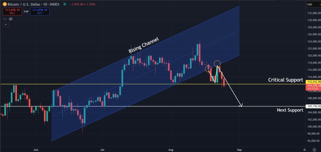 Downtrend continues with price breaking below the rising channel
