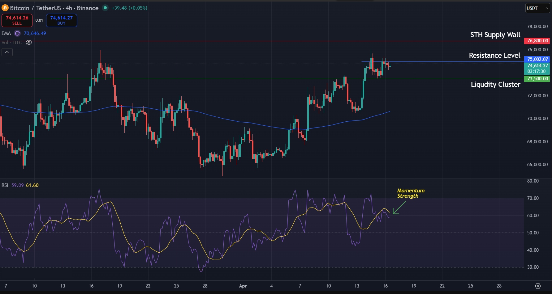 Price is compressing between the $73,500 Liquidity Cluster and the $75,000 resistance, with RSI 60 confirming strong momentum toward the $76,800 STH Supply Wall.
