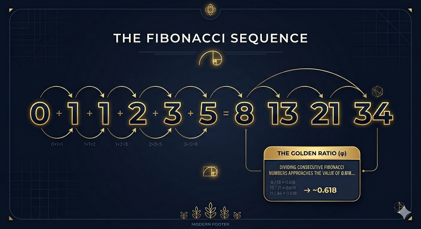 Infographic showing the Fibonacci sequence numbers and the Golden Ratio of 0.618