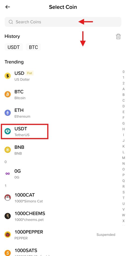 Binance App Fiat deposit Tutorial: Select deposit crypto