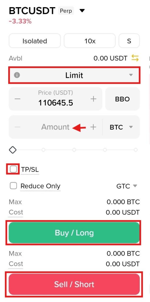 Binance App Futures market Tutorial: Futures trading order panel