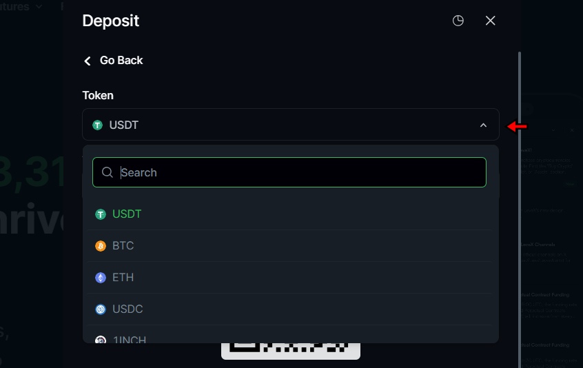 Choose crypto to deposit on LeveX exchange