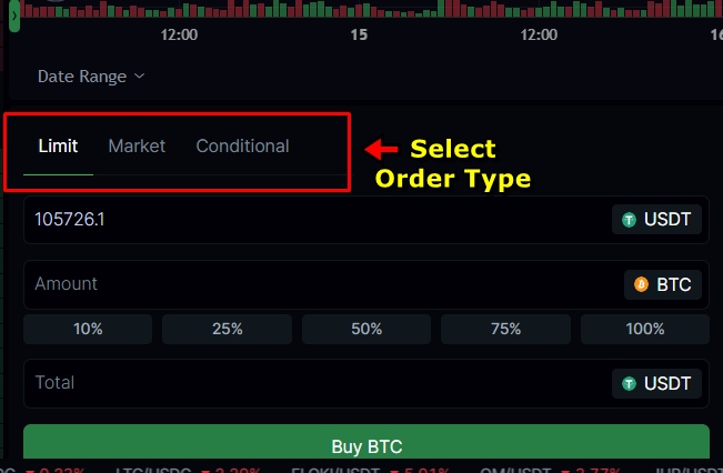 Select order type on LeveX exchange