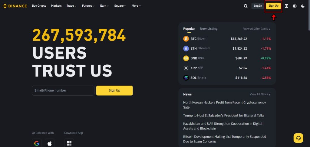 Binance exchange homepage