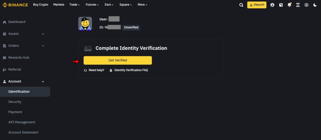 Binance exchange verification page