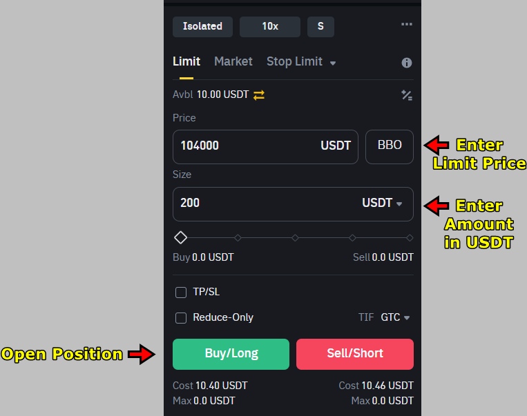 Fill in details in the order panel