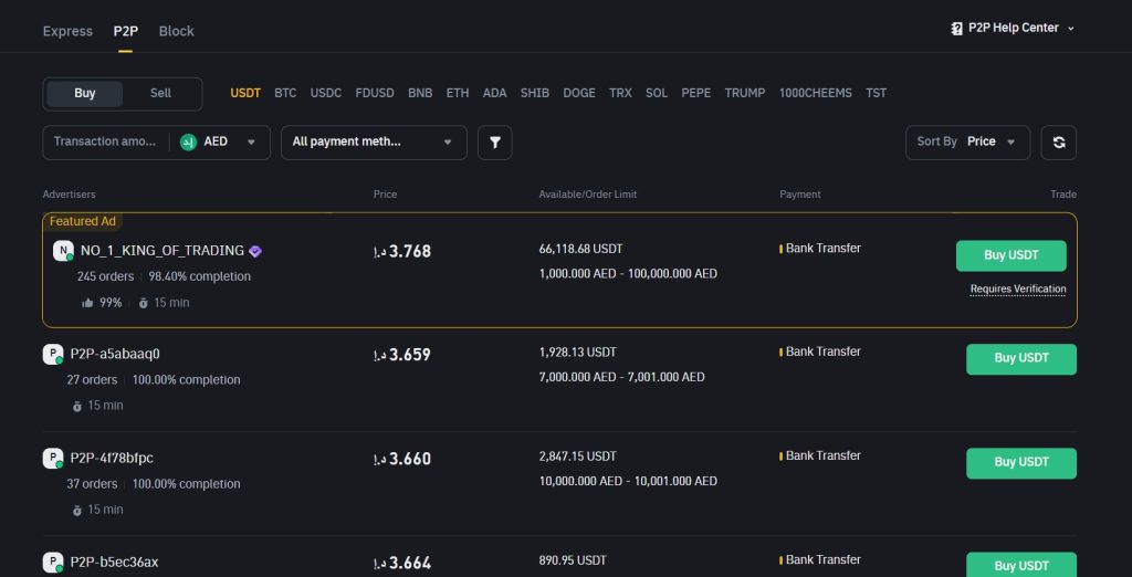 P2P trading on Binance