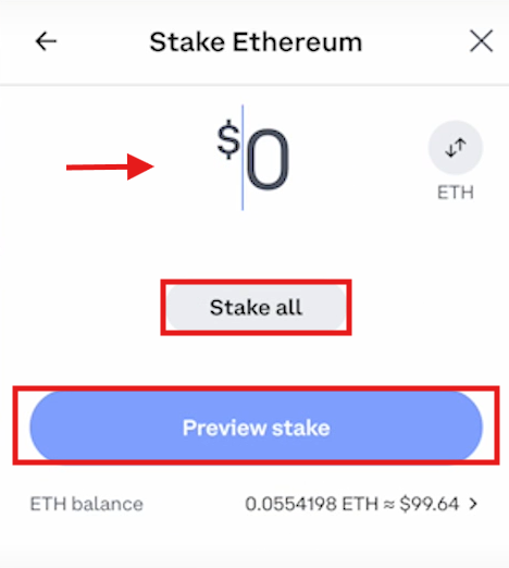 Coinbase staking tutorial: select amount window