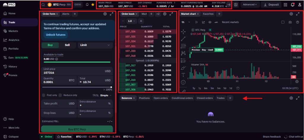 Kraken futures trading tutorial: trading interface