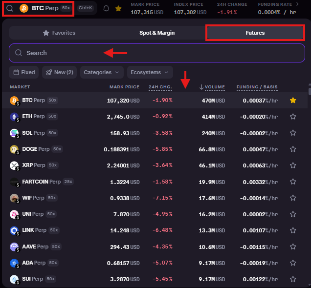 Kraken futures trading tutorial: select trading pair