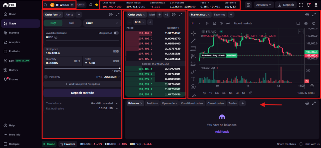 Kraken spot trading Tutorial: interface
