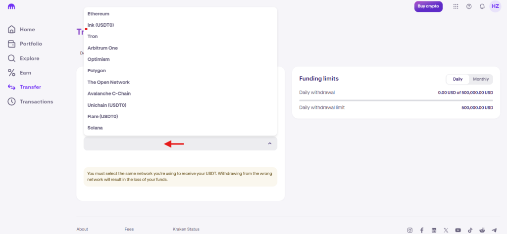 Kraken withdrawal Tutorial: Select the network